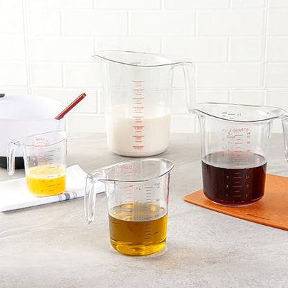 Restaurantware RW Base 1 Quart Measuring Jar 1 Durable Measuring Beaker - Metric And Imperial Units V-Shaped Spout Clear Plastic Measuring Cup Handle With Thumb-Grip Tolerates Up To 248F - color: Clear, size: 6.50" × 4.75" × 6.00"
