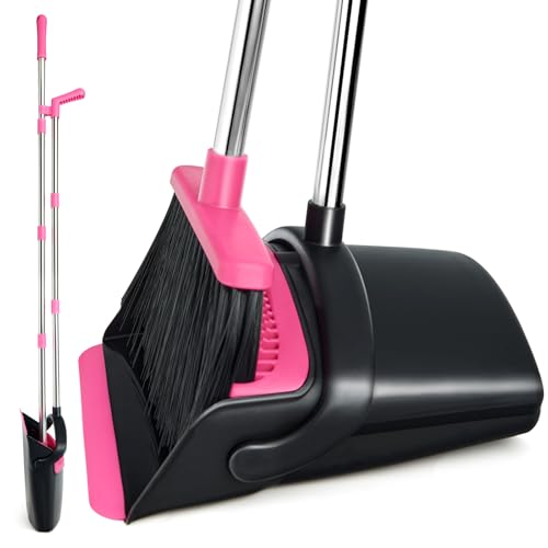 Broom and Dustpan Set, Long Handle Lightweight Dustpans with Broom Combo for Home, Indoor&Outdoor Sweeping for Home Room Kitchen Office Lobby (Black Pink) - color: Black Pink