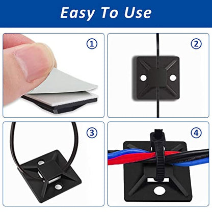 Strong Back-Glue Self Adhesive Cable Zip Tie Mounts Kit - 100 Set Cable Management Clips with 6" Zip Ties, Wire Holders - Outdoor Sticky Wire Organizer Clips-Black
