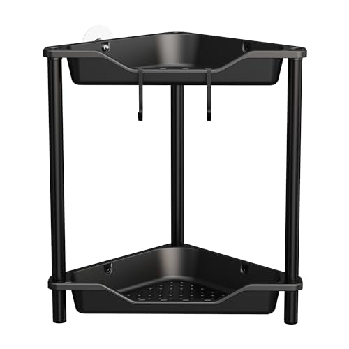 Orimade Rustproof 2 Tier Floor Standing Corner Shower Caddy Organizer, Plastic Metal Splicing Floor Corner Shelf Rack Stands for Bathroom, Black - color: Black, size: 2 Tier