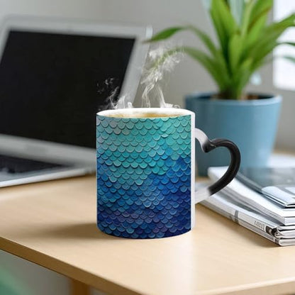 Blue Fish Scale Color Changing Mug Heat Sensitive Coffee Mug Magical Ceramic Coffee Cup Personalized Tea Cup Message Appears As It Heats Novelty Gift for Family Friend