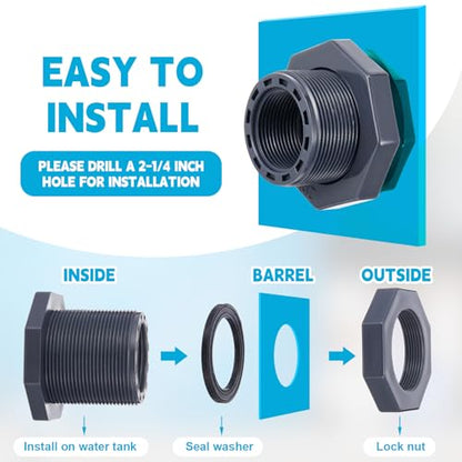 2 Pcs 1-1/4 Inch Bulkhead Fitting PVC Water Tank Connector Plumbing Pipe Threaded Bulkhead Fitting NPT for Rain Barrels, Water Tanks, Aquariums, Tubs, Pools - size: 1-1/4 Inch