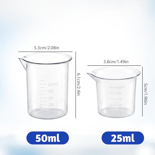 Plastic Beaker Set, 6 Sizes Low Form Measuring Graduated Polypropylene Beakers - 25ml, 50ml, 100ml, 150ml, 200ml, 250ml for Science Lab Classrooms Home with 6 Plastic Droppers in 3 ml