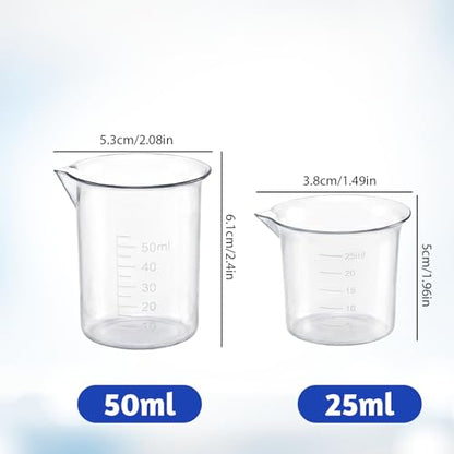 Plastic Beaker Set, 6 Sizes Low Form Measuring Graduated Polypropylene Beakers - 25ml, 50ml, 100ml, 150ml, 200ml, 250ml for Science Lab Classrooms Home with 6 Plastic Droppers in 3 ml