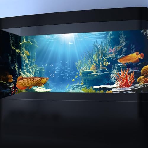 48X18IN Blue Sea Floor Aquarium Background, Natural Underwater World 3D Effect Fish Tank Decorations Background, Art Terrarium Background with 8 EVA Double-Sided Tape