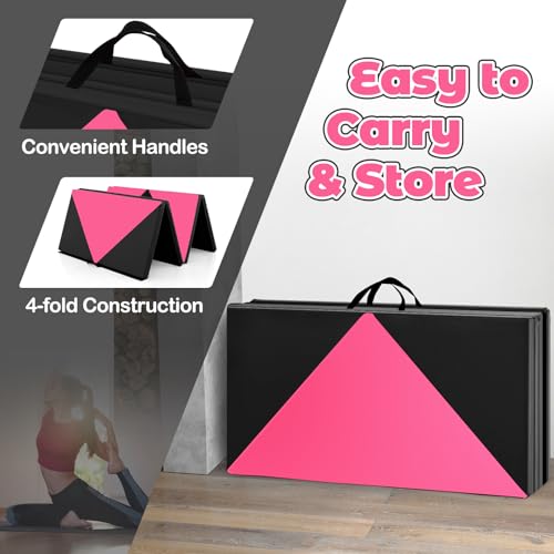 Giantex 4'x8' Gymnastics Mat, 2" Thick Folding Tumbling Mat with Carrying Handles, Foldable Gym Mat with Hook and Loop Fastener, Cheer Mats for Kids Adults Home Exercise Aerobics Fitness - color: Black/Pink