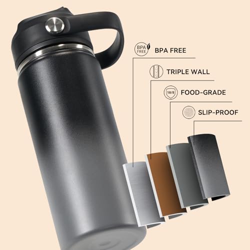 Fijinhom 18oz Insulated Stainless Steel Water Bottle, Wide Mouth Double Wall Vacuum, Silicone Straw, Sweat & Leak Proof, BPA Free Insulated Water Flask for Travel, Keep Cold 24h Hot 12h, Grey - color: Grey Gradient, size: 18 Ounces