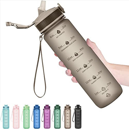 Hyeta Plastic Water Bottle With Straw & Time Marker, 32oz Leakproof Jug - color: Black Cloud