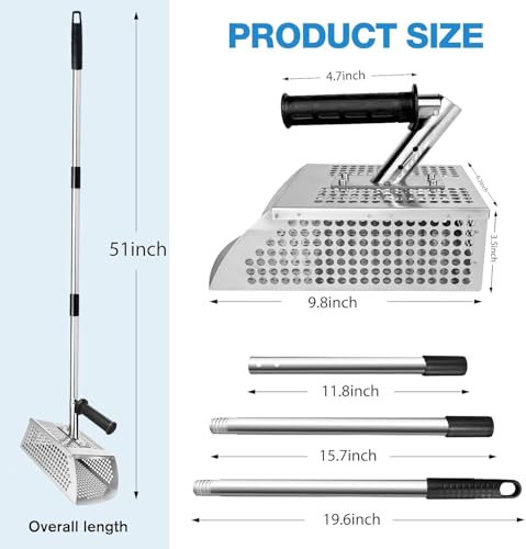 Sand Flea Rake - 51" Long Handle Sand Scoop - Detection Tool with Anti Slip Handle Heavy Duty Stainless Steel Metal Detecting Sand Scoop with Long Handle Ideal for Underwater Treasure Hunting