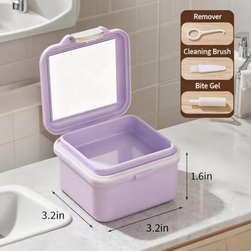 Denture Bath Case, Denture Soaking Container Denture Cup Soaking Holder Mouth Guard Denture Box Denture Baths Cleaning with Lid Retainer Case （Purple） - color: pruple