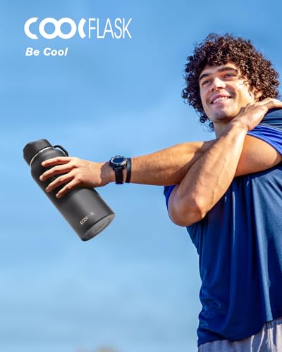 Coolflask 32 oz Water Bottle Insulated with Straw & 3 Leakproof Lids - color: Magic Black, size: 32 Ounces