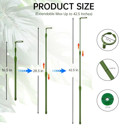 3 Pack Extendable Plant Stakes, 16.5-42.5 Inch Plant Stakes for Indoor Outdoor, Adjustable Monstera Plant Support Sticks with Clips for Clombing Plants, Vine, Orchid, Tomato, Vegetables