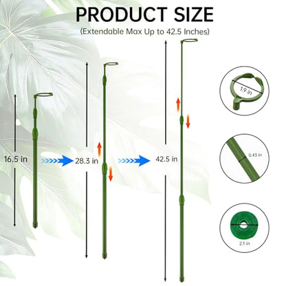 3 Pack Extendable Plant Stakes, 16.5-42.5 Inch Plant Stakes for Indoor Outdoor, Adjustable Monstera Plant Support Sticks with Clips for Clombing Plants, Vine, Orchid, Tomato, Vegetables