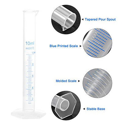 uxcell Plastic Graduated Cylinder, 10ml Measuring Cylinder, Science Test Tube Beakers, 2-Sided Metric Marking, Clear Hex Base for Lab Home