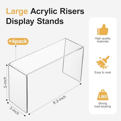 4 Pack Acrylic Risers Display Stands, Display Stands for Collectibles, Clear Acrylic Shelf for Show Decor Display, Toys, Cupcake (9.2 x 3 x 5 inches)