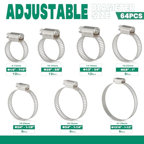 64PCS Hose Clamps Stainless Steel Assortment Adjustable 1/4"-1-1/2"(6-38mm) Worm Gear Hose Clamp, Heavy Duty Metal Small Hose Clamps for Automotive, Pipe, Radiator Plumbing, Fuel Line - size: 64PCS KIT-HOSE CLAMP(1/4"-1-1/2")