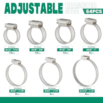 64PCS Hose Clamps Stainless Steel Assortment Adjustable 1/4"-1-1/2"(6-38mm) Worm Gear Hose Clamp, Heavy Duty Metal Small Hose Clamps for Automotive, Pipe, Radiator Plumbing, Fuel Line - size: 64PCS KIT-HOSE CLAMP(1/4"-1-1/2")