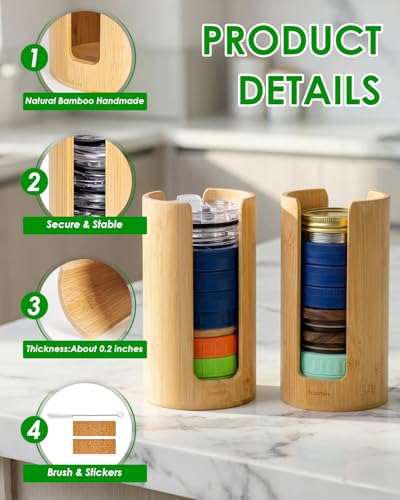 HAYVAN 2 Pack Mason Jar Lid Organizer - Bamboo Canning & Tumbler Lid Holder, Vertical Space Saving Storage for Kitchen & Home, Includes Brush & Stickers