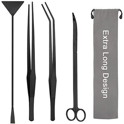 Aquarium Aquascape Tools Kit 15in, 4 in 1 Anti-Rust Aquatic Plant Aquascaping Tool Stainless Steel Tweezer Scissor Spatula for Aquarium Tank Clean Fish Tank Aquascape Accessories Set (black) - color: Black
