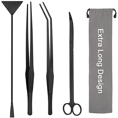 Aquarium Aquascape Tools Kit 15in, 4 in 1 Anti-Rust Aquatic Plant Aquascaping Tool Stainless Steel Tweezer Scissor Spatula for Aquarium Tank Clean Fish Tank Aquascape Accessories Set (black) - color: Black