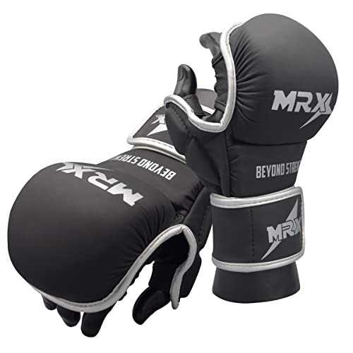 MRX MMA Professional Protective Grappling Gloves 7oz Muay Thai Training Kickboxing Punching Sparring Sports Cage Fighting Combat Glove Boxing Punching Glove Mitts - color: Black Silver, size: Large-X-Large