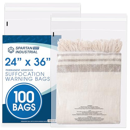 Spartan Industrial - 24” X 36” (100 Count) Self Seal Clear Poly Bags with Suffocation Warning for Packaging, T Shirts & Shipping - Permanent Adhesive - size: 24" X 36"