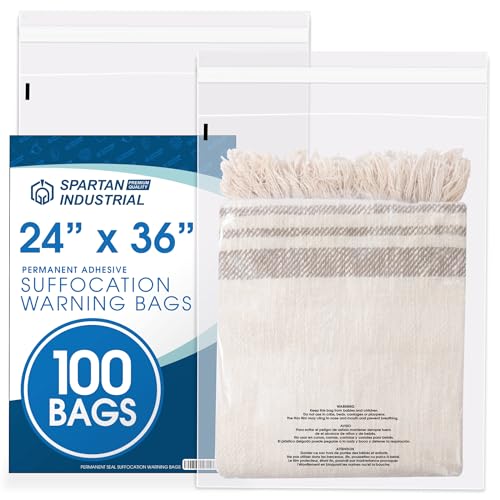 Spartan Industrial - 24” X 36” (100 Count) Self Seal Clear Poly Bags with Suffocation Warning for Packaging, T Shirts & Shipping - Permanent Adhesive - size: 24" X 36"