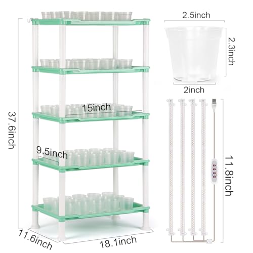 RooTrimmer Seed Starter Tray Unit, 5-Tier Plant Stand with 4 LED Grow Lights & 90 Pack 2.5 Inch Clear Nursery Pots – for Indoor Gardening, Herb, Seedling Kits & Small Greenery