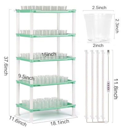 RooTrimmer Seed Starter Tray Unit, 5-Tier Plant Stand with 4 LED Grow Lights & 90 Pack 2.5 Inch Clear Nursery Pots – for Indoor Gardening, Herb, Seedling Kits & Small Greenery