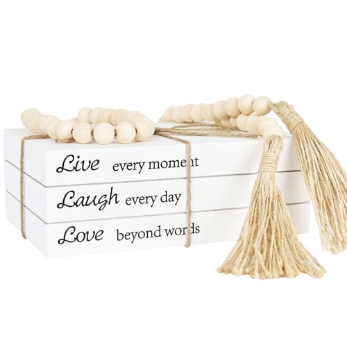 Decorative Books for Home Decor, White Faux Books for Decoration, Rustic Farmhouse Stacked Display Books with 52in Wood Bead Garland for Coffee Tables Living Room, (Live Laugh Love) - style: Live Laugh Love
