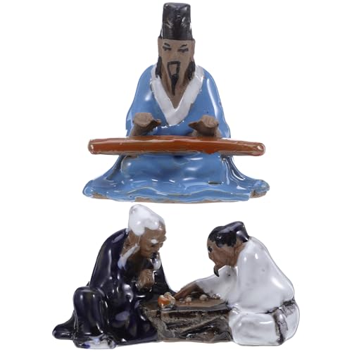Miniature Bonsai Ornaments 2Pcs - Asian Chess and Music Themed Fish Tank Decorations Ceramic Aquarium Decor Figurines for Desktop and Garden Landscape