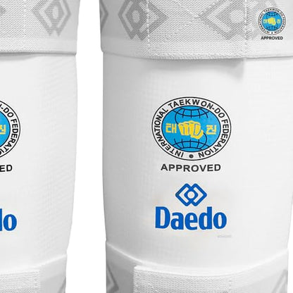 Daedo ITF Approved White Shin Guards – Martial Arts Leg Protectors – Lightweight Guards with Straps for Training - size: X-Large