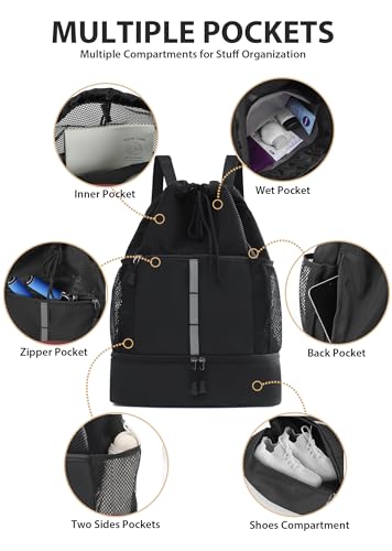 U・helper Drawstring Gym Backpack, Sports Cinch Sack, Swimming & Travel - color: Black