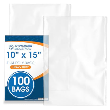 10" X 15" Open-End Flat Poly Bags (100 Count) - 2 Mil Plastic Clear Bags for Packaging, Shipping, Storage - No Adhesive Strip - Spartan Industrial - size: 10" X 15"