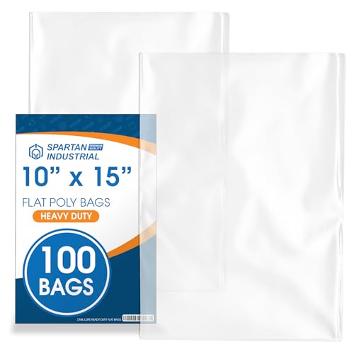 10" X 15" Open-End Flat Poly Bags (100 Count) - 2 Mil Plastic Clear Bags for Packaging, Shipping, Storage - No Adhesive Strip - Spartan Industrial - size: 10" X 15"