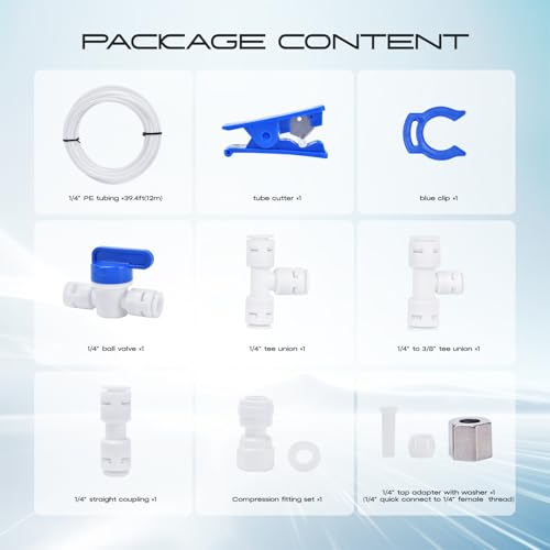 Refrigerator Water Line Kit, CNAODUN Ice Maker Water Line Kit with 1/4" OD 39.4ft Water Line Reverse Osmosis Quick Connect Fittings Push To Connect Water Tube Fittings for Fridge Ice Maker