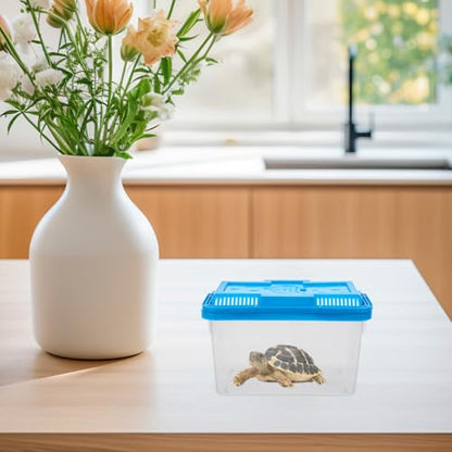 Portable Small Fish Tank Box with Handle, Medium Blue Turtle Terrarium Kit for Hermit Crabs and Small Aquatic Pets, Plastic Aquarium Carrier for Breeding and Transport