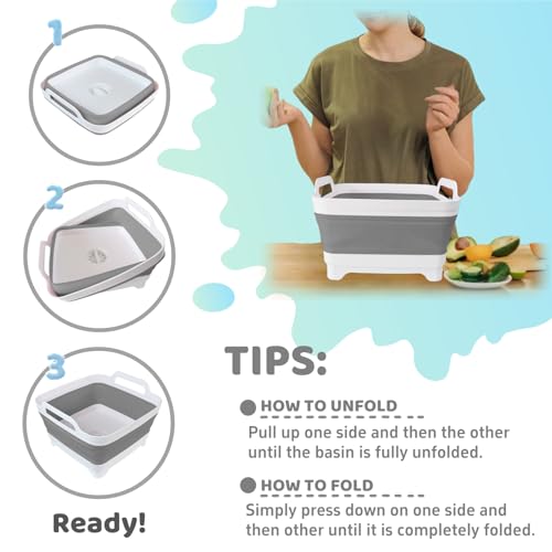 Collapsible Wash Basin with Drain Plug - 2.4 Gallon Foldable Kitchen Sink for Baby Bottles, RV Camping, Space-Saving Dish Tub (Gray)