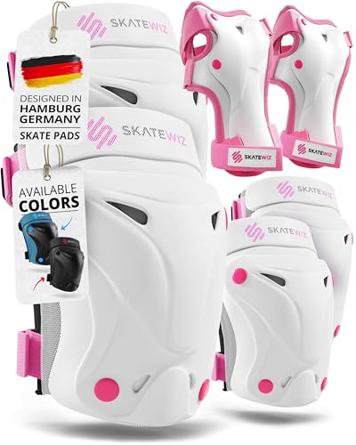 SKATEWIZ Kids and Adult Knee Pads and Elbow Pads Set 6pcs - incl. Carry Bag - color: Pink-White, size: L - Teens and Adults