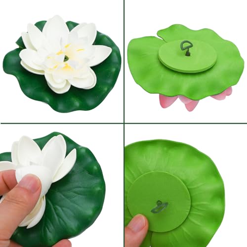 16 Pieces Artificial Floating Foam Lotus Flowers with Lotus Leaves Pond Plants Ornament Realistic Lily Pads Floating for Pond Pool Aquarium Water Decoration