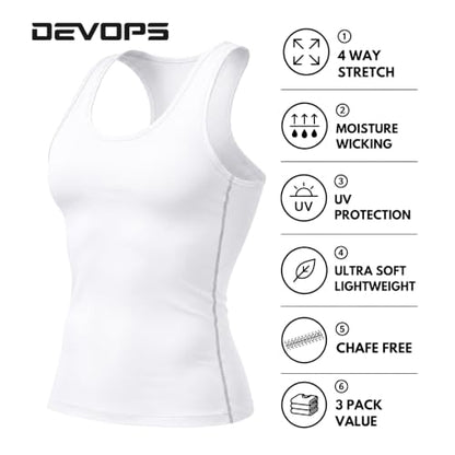 DEVOPS 3 Pack Men's Muscle Dry Fit Compression Tank Top Sleeveless Shirt - color: White / White / White(gray-stitch), size: Medium