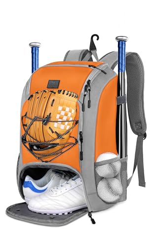 MATEIN Youth Baseball Backpack, Softball Bat Bag with Shoes Compartment | Lightweight Baseball Bag for Boys and Adult, Fence Hook Hold TBall Bat, Batting Mitten, Helmet, Caps, Teeball Gear Equipment - color: Orange, size: 29L