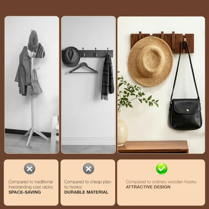 Coat Rack Wall Mount, Walnut 5 Flip-Down Picket Hanger Hooks for Entryway - size: 5 Hooks