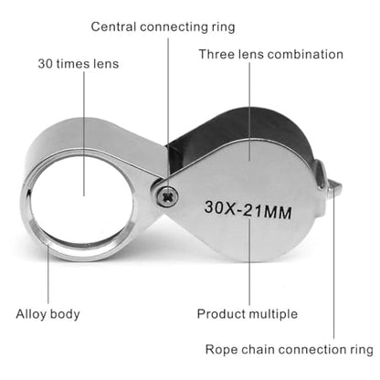 QiCheng&LYS Jeweler Pocket Loupe Magnifier, 30X Glass Lens Magnifying Glass for Jewelry, Coins, Stamps,Antiques and More (Silver)… - color: Silver