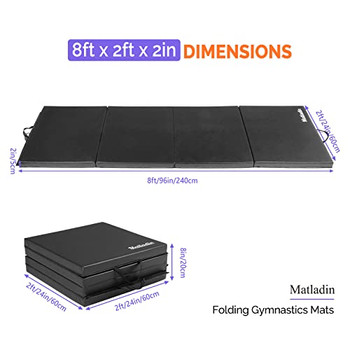 Matladin 8' Folding Gymnastics Gym Exercise Aerobics Mat, 8ft x 2ft x 2in PU Leather Tumbling Mats with Hook & Loop Fastener for Stretching Yoga Cheerleading Martial Arts - color: Black