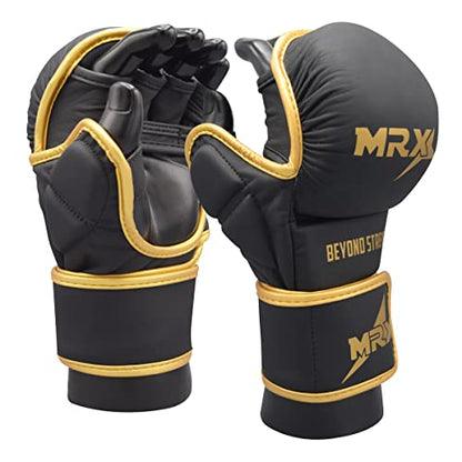 MRX MMA Professional Protective Grappling Gloves 7oz Muay Thai Training Kickboxing Punching Sparring Sports Cage Fighting Combat Glove Boxing Punching Glove Mitts - color: Black Golden, size: Large-X-Large