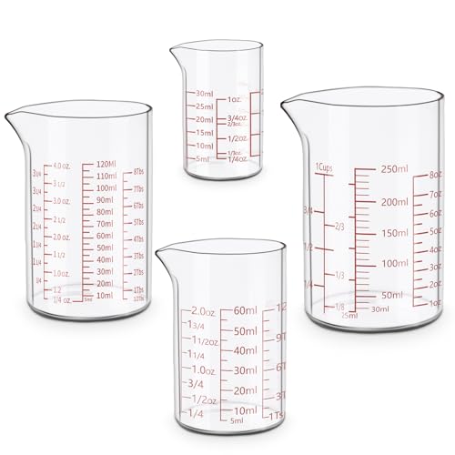 Measuring Cup Set 30ml L(1oz), 60ml (2oz), 120ml (4oz), 250ml (8oz), 4 Piece Glass Liquid Measuring Beakers, High Borosilicate Glass Measuring Cup, V-Shaped Spout