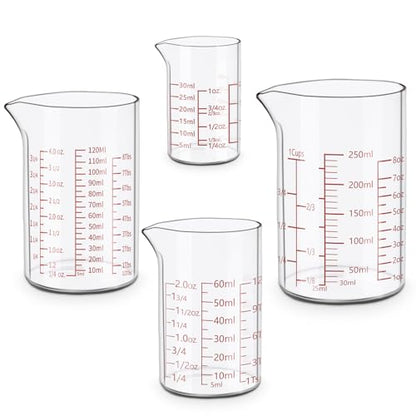 Measuring Cup Set 30ml L(1oz), 60ml (2oz), 120ml (4oz), 250ml (8oz), 4 Piece Glass Liquid Measuring Beakers, High Borosilicate Glass Measuring Cup, V-Shaped Spout