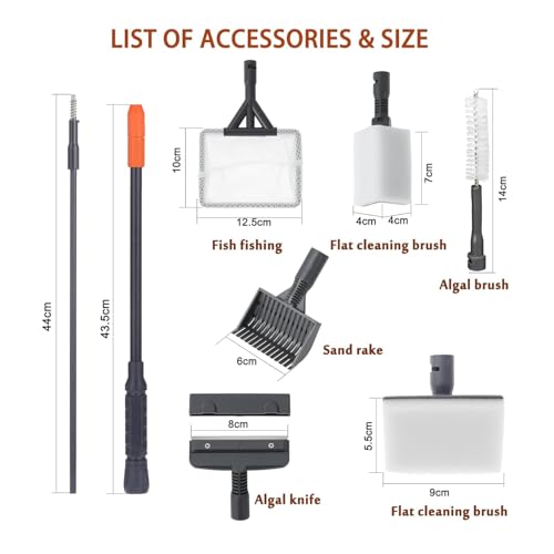 6 in 1 Fish Tank Cleaner Aquarium Cleaning Tool with Long Telescopic Handle, Scraper, Fishing Net, Sponge Cleaning Brush, Sand Rake for Fish Tank Maintenance.