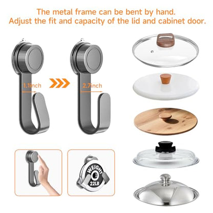 2 PCS Adjustable Pot Lid Holder, No Drill Adhesive Mount, Pot Lid Organizer for Cabinet Door/Wall Mounted, Fits 6-14" Lids